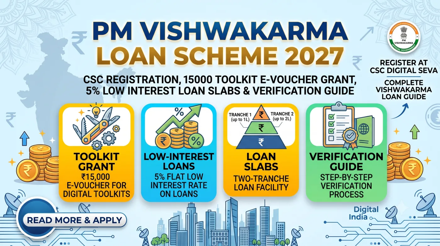 PM Vishwakarma Loan Scheme 2027: CSC Registration, 15000 Toolkit E-Voucher Grant, 5% Low Interest Loan Slabs & Verification Guide PM Vishwakarma Loan Scheme 2027: CSC Registration, 15000 Toolkit E-Voucher Grant, 5% Low Interest Loan Slabs & Verification Guide